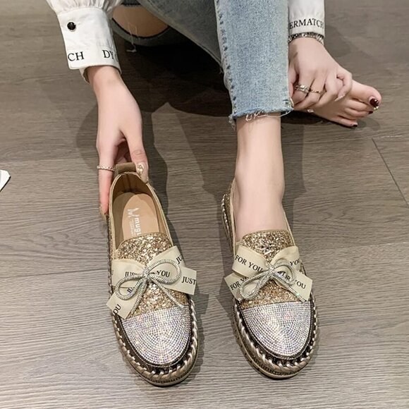 Women's Gold Rhinestone Slip On Walking Bowknot Glitter Bling Sneakers Shoes - Picture 7 of 7
